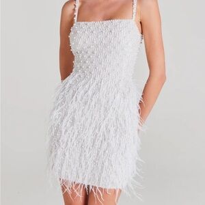 NADINE MERABI White Feathered Mini Dress